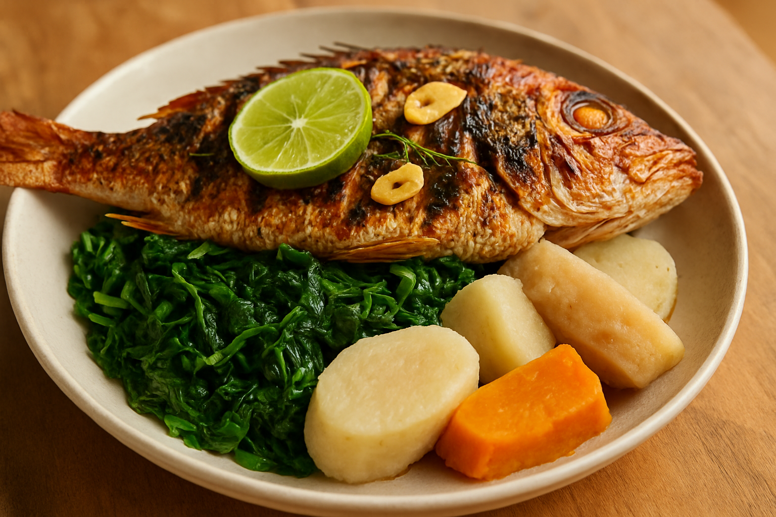 Grilled snapper with steamed callaloo