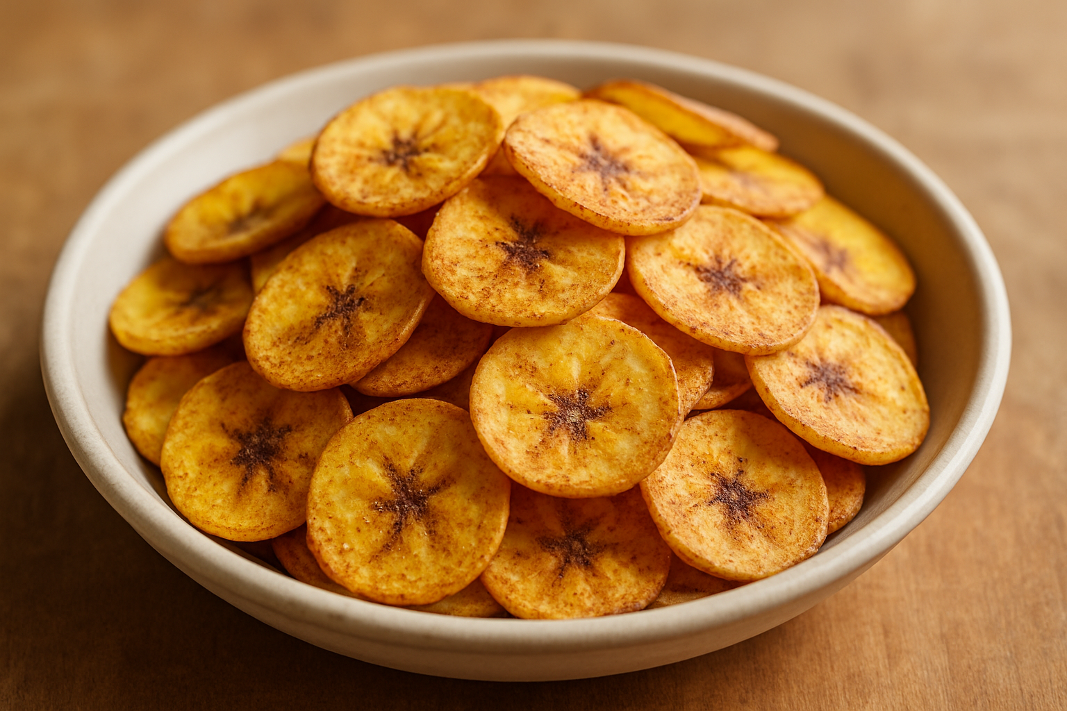 Baked plantain chips with cinnamon